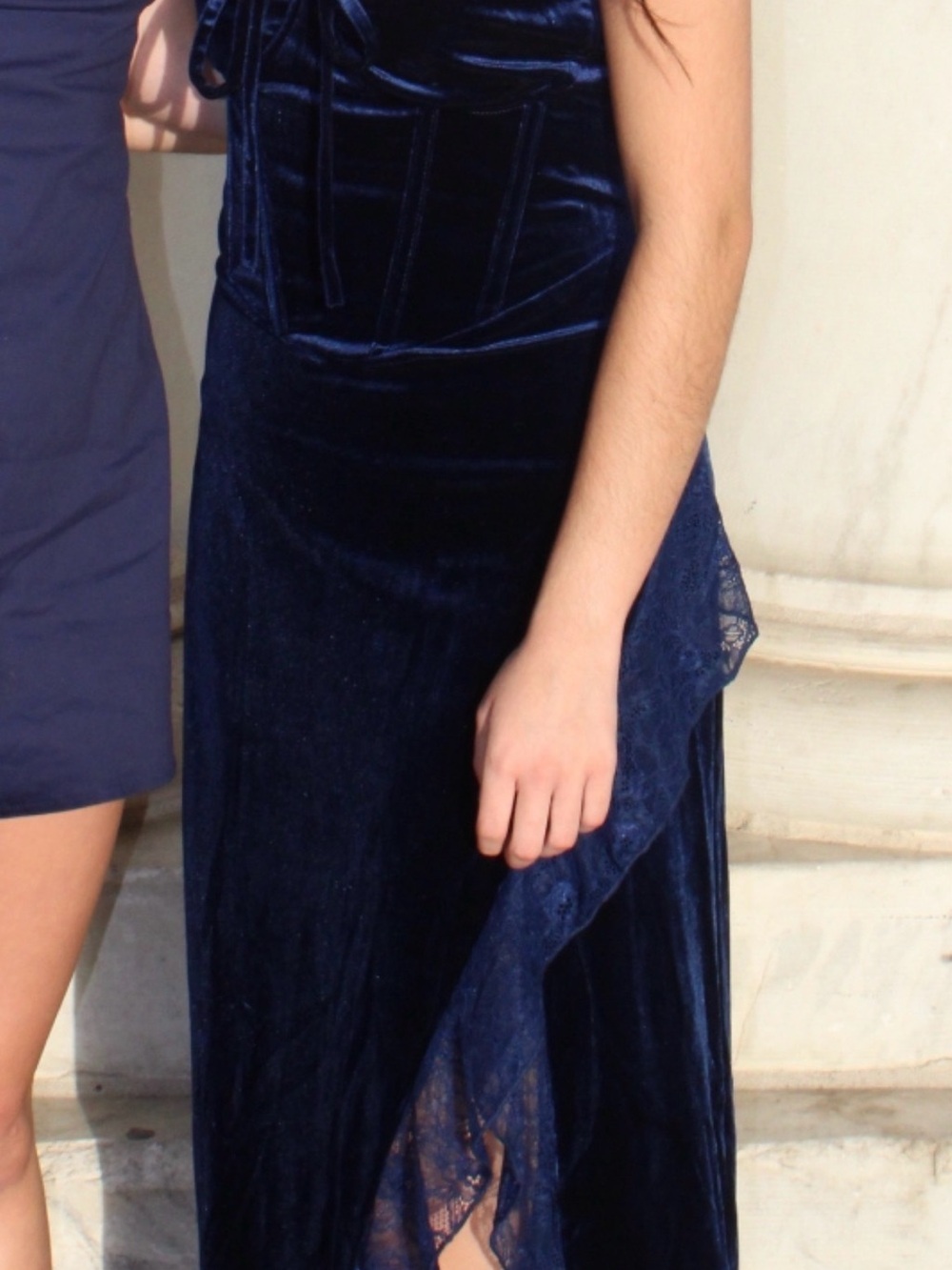 Fashion Nova Midnight Blue Velvet Lace-Trim Prom Gown